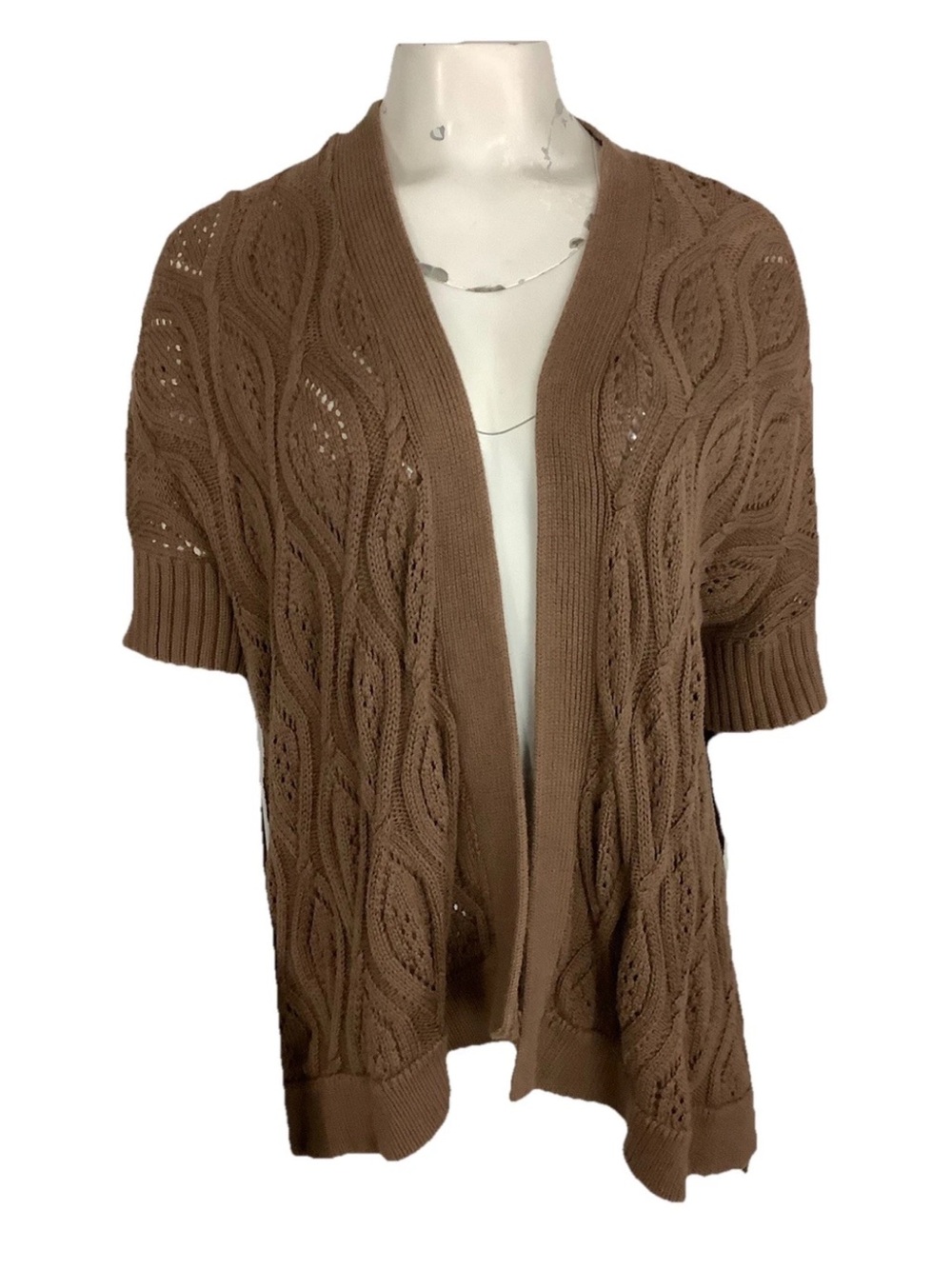 Loft Sz L 100% Cotton Leaf Knit Short Sleeve Open Boho Natural Cardigan Brown